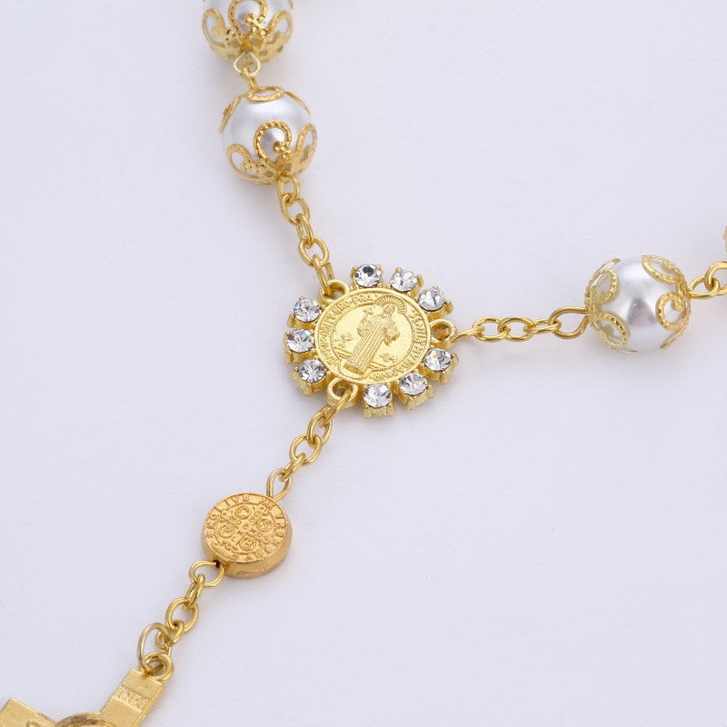 Pulsera de Perlas Sintéticas 10mm con Cruz – Joyeria Religiosa