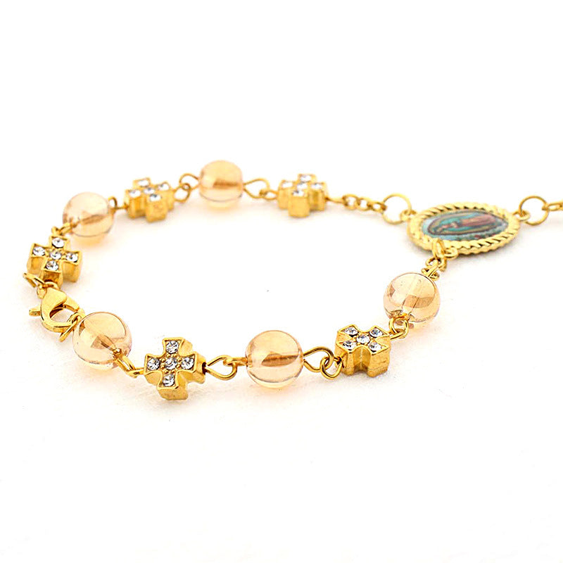 Pulsera Religiosa Virgen del Carmen con Dije de Cruz – Recuerdo de Bautizo o Primera Comunión