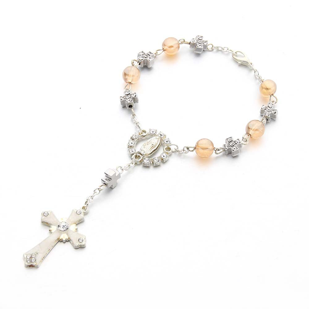 Pulsera Religiosa Virgen del Carmen con Dije de Cruz – Recuerdo de Bautizo o Primera Comunión