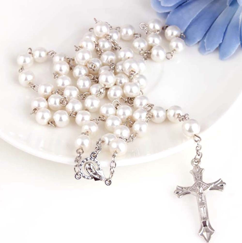 Rosario de la Virgen del Carmen con Perlas Acrílicas y Cruz Religiosa
