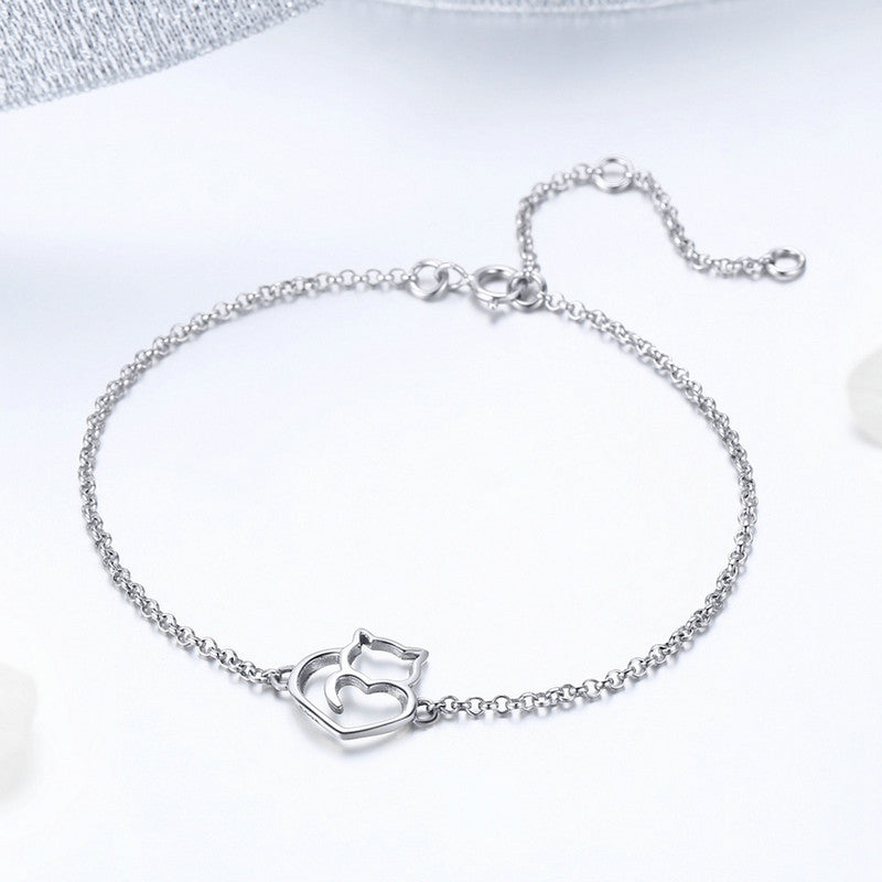 Pulsera de Plata 925 Diseño Gato Adorable: Brazalete Original de Gatito Kawaii, Joyería Creativa con Encanto Felino