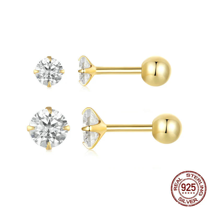 Pendientes Solitario de Plata 925 con Zirconio Corte Diamante y Cierre de Rosca