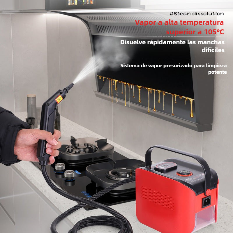 Limpiadora de vapor portátil 1500W con pantalla digital limpiando campana extractora con vapor a más de 105 °C, ideal para manchas difíciles.