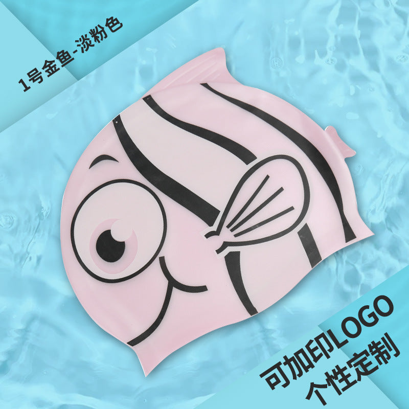 Gorro de silicona infantil multicolor: resistente al agua, con orejeras, diseño de animales y pez para natación y entrenamiento