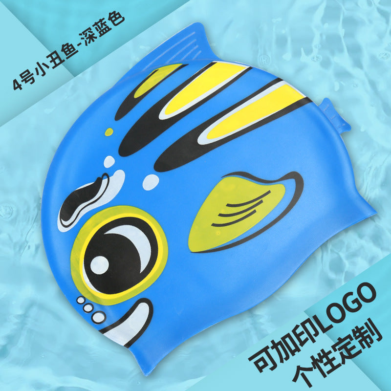 Gorro de silicona infantil multicolor: resistente al agua, con orejeras, diseño de animales y pez para natación y entrenamiento