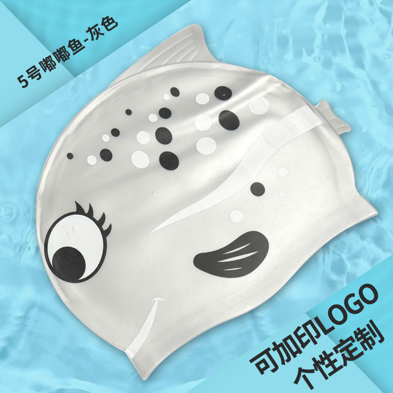 Gorro de silicona infantil multicolor: resistente al agua, con orejeras, diseño de animales y pez para natación y entrenamiento