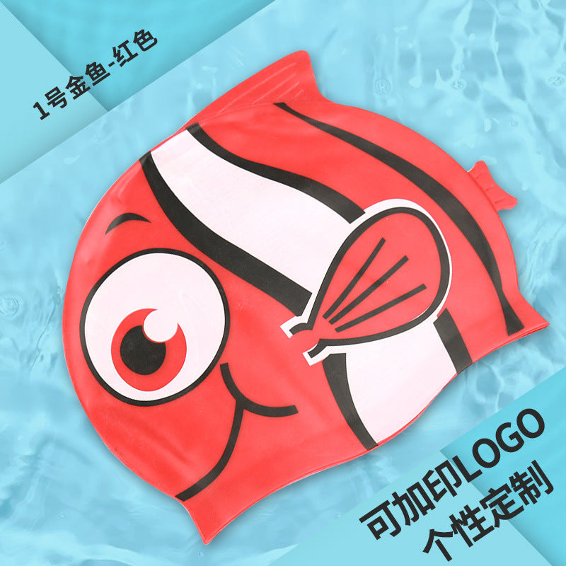 Gorro de silicona infantil multicolor: resistente al agua, con orejeras, diseño de animales y pez para natación y entrenamiento
