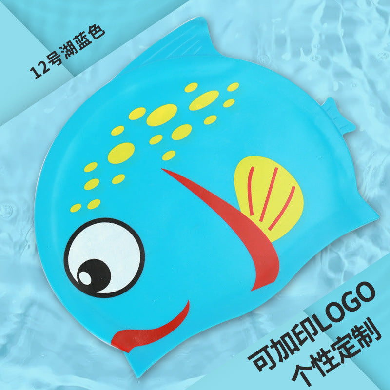 Gorro de silicona infantil multicolor: resistente al agua, con orejeras, diseño de animales y pez para natación y entrenamiento