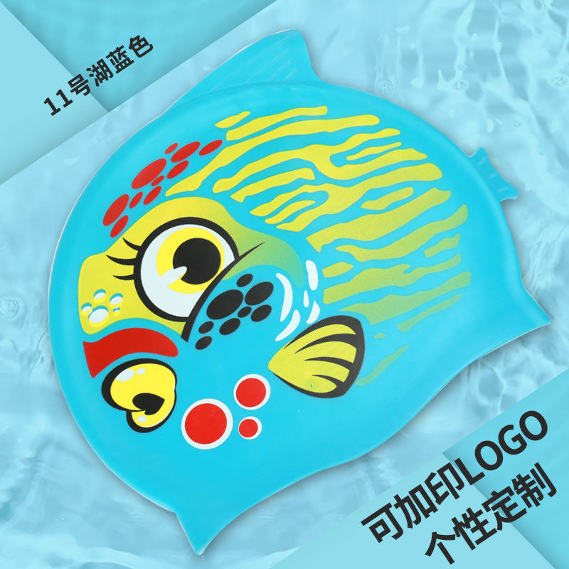 Gorro de silicona infantil multicolor: resistente al agua, con orejeras, diseño de animales y pez para natación y entrenamiento