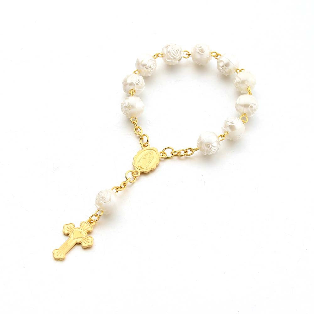 Pulsera Religiosa de Rosas con la Virgen del Carmen – Recuerdo de Bautizo o Primera Comunión