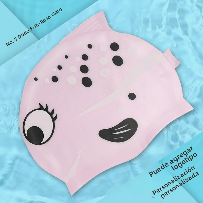 Gorro de silicona infantil multicolor: resistente al agua, con orejeras, diseño de animales y pez para natación y entrenamiento