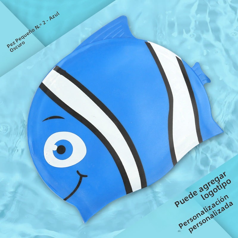 Gorro de silicona infantil multicolor: resistente al agua, con orejeras, diseño de animales y pez para natación y entrenamiento