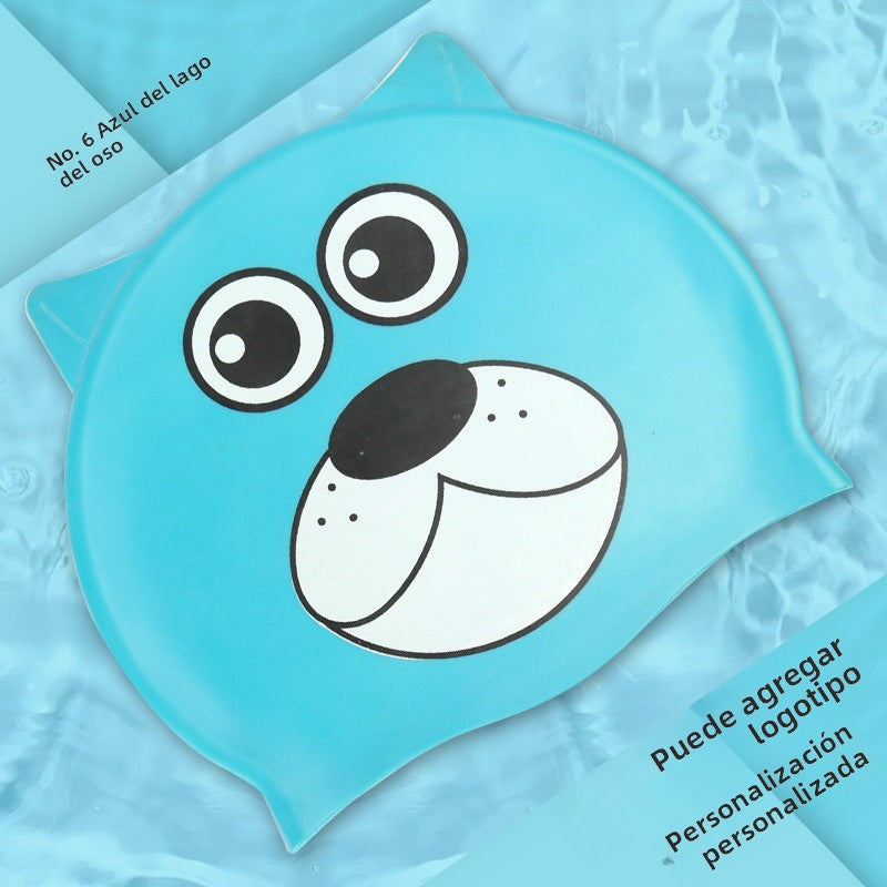 Gorro de silicona infantil multicolor: resistente al agua, con orejeras, diseño de animales y pez para natación y entrenamiento