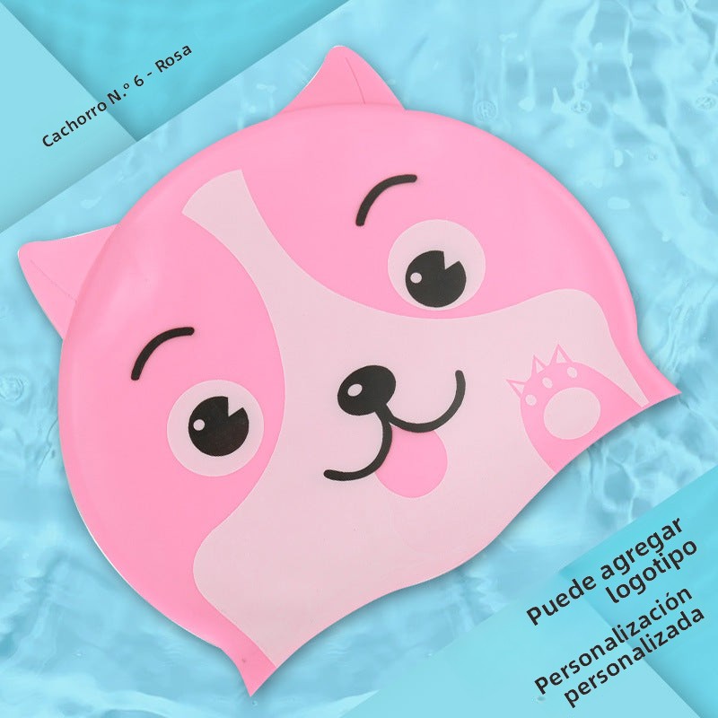 Gorro de silicona infantil multicolor: resistente al agua, con orejeras, diseño de animales y pez para natación y entrenamiento