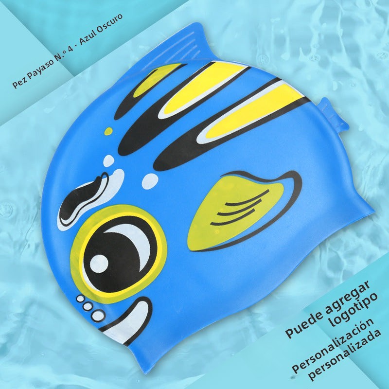 Gorro de silicona infantil multicolor: resistente al agua, con orejeras, diseño de animales y pez para natación y entrenamiento