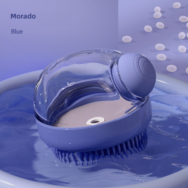 Cepillo de baño de silicona en color azul con cerdas suaves. Accesorio de aseo para mascotas con función masajeadora y dispensador de jabón.