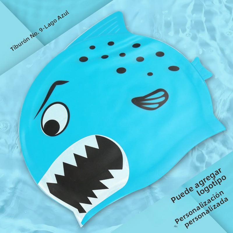 Gorro de silicona infantil multicolor: resistente al agua, con orejeras, diseño de animales y pez para natación y entrenamiento