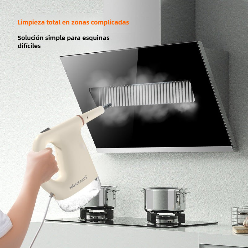 Vaporeta manual esterilizadora limpiando campana extractora, perfecta para zonas difíciles y limpieza profunda con vapor.