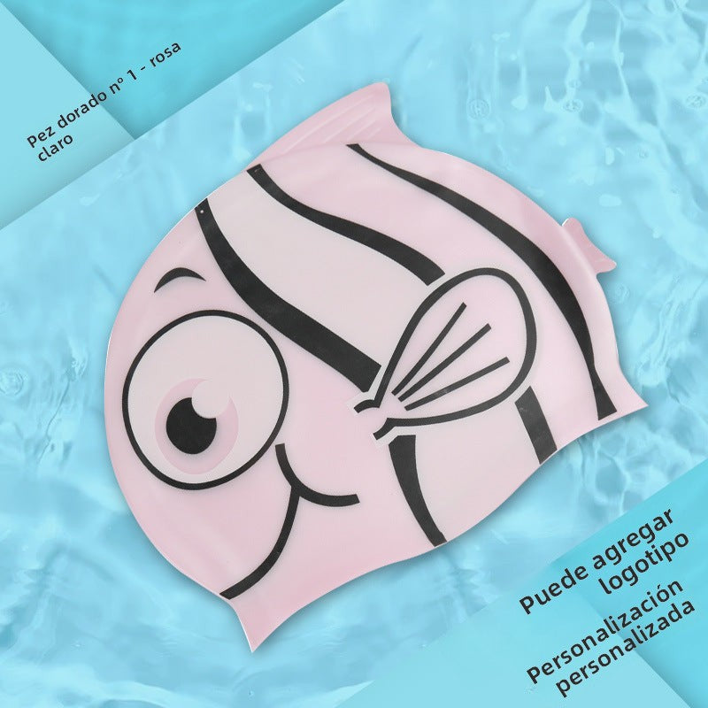 Gorro de silicona infantil multicolor: resistente al agua, con orejeras, diseño de animales y pez para natación y entrenamiento