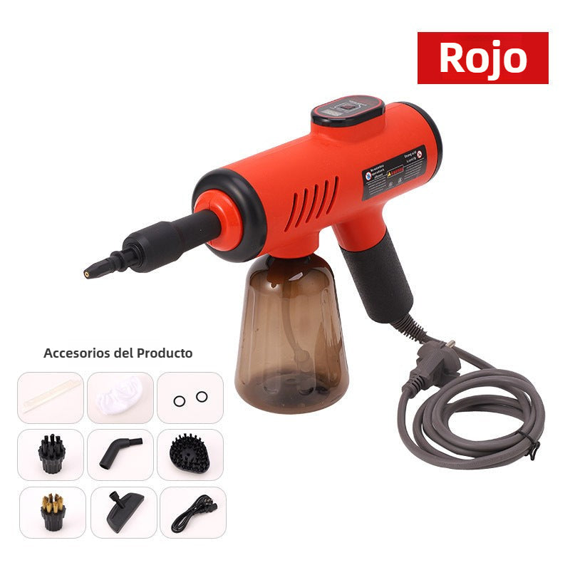 Pistola de vapor portátil roja con pantalla digital y set de accesorios. Ideal para limpieza profunda en cocina y baño.