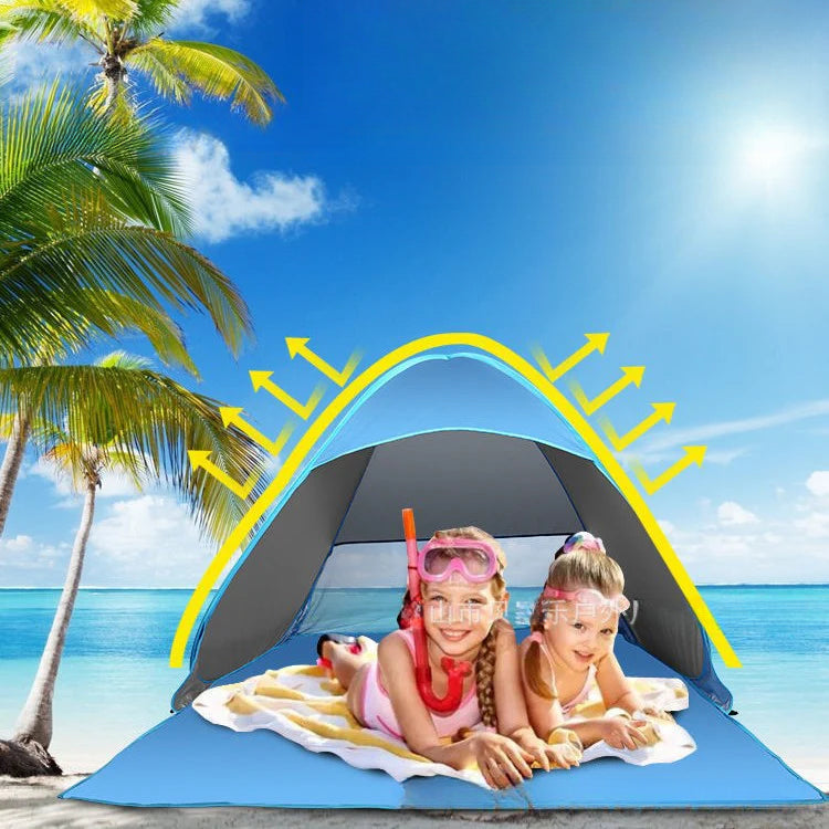 Carpa Plegable Impermeable y Resistente – Para Playa o Picnic con dos niñas dentro en la playa, ideal para protección solar y ventilación.