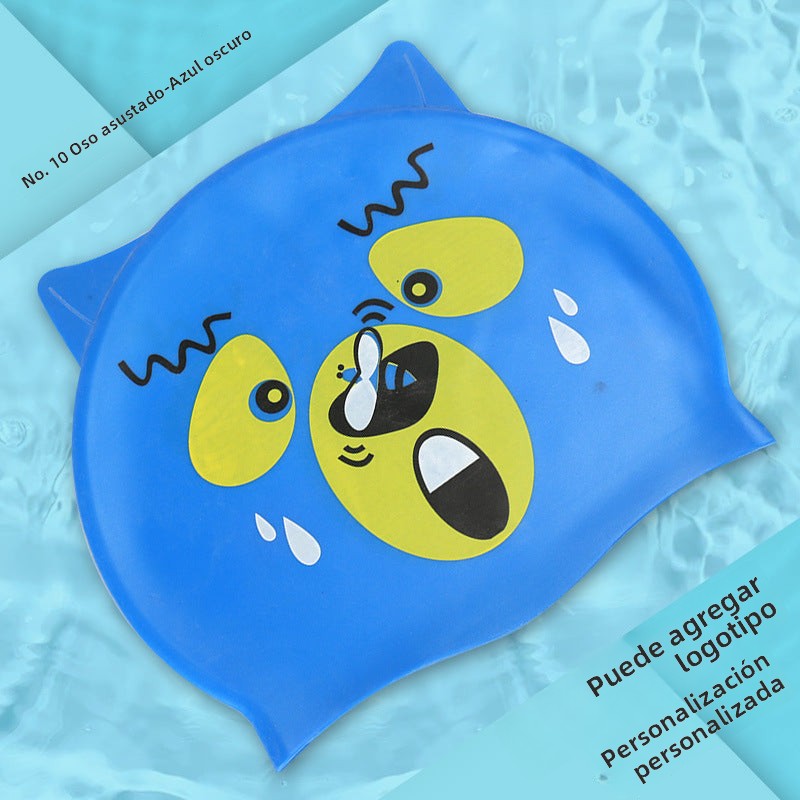 Gorro de silicona infantil multicolor: resistente al agua, con orejeras, diseño de animales y pez para natación y entrenamiento