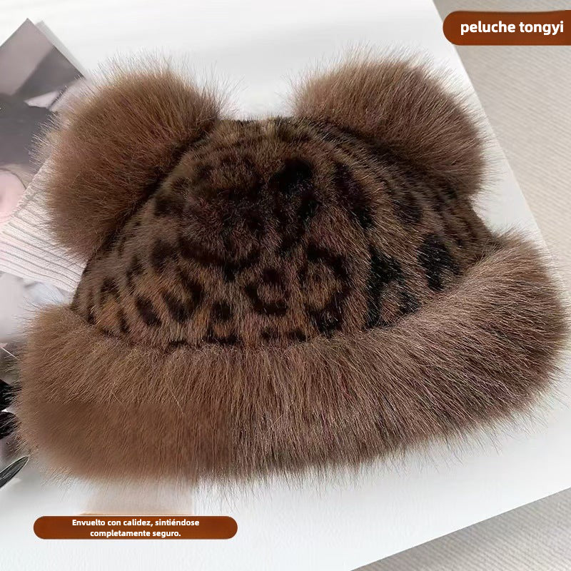 Fisherman Hat: Autumn & Winter Korean Style Plush Faux Fur Bucket Hat for Women with Leopard Print Bear Ears, Thickened Windproof Warmth, Trendy.