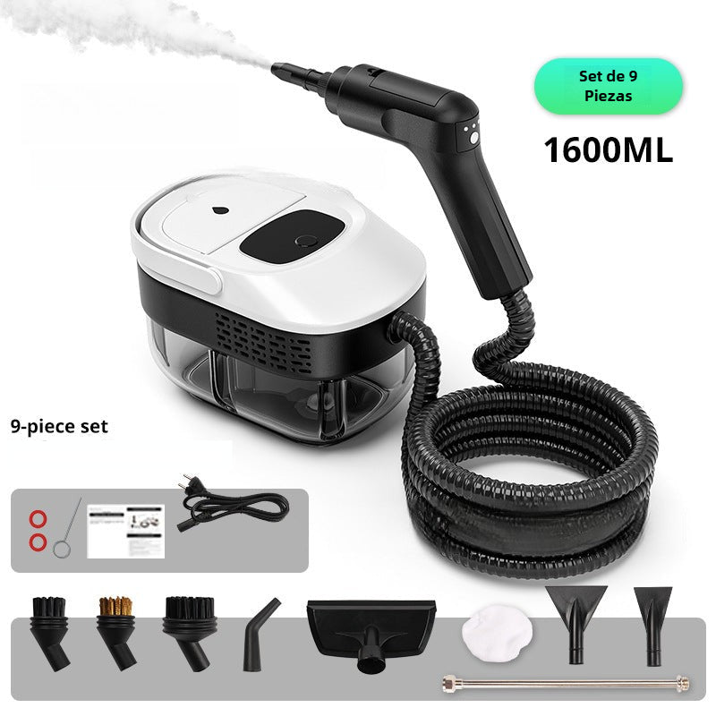 Limpiador de vapor portátil 1600ml con set de 9 piezas, ideal para limpieza profunda de superficies en el hogar.
