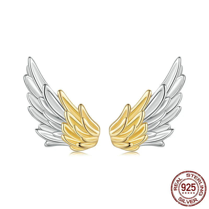 Aretes botón de alas pequeñas chapados en plata 925 bicolor unisex