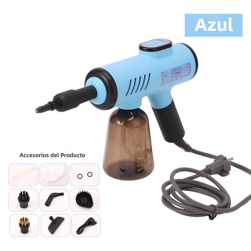 Pistola de vapor portátil azul con pantalla digital y accesorios. Limpieza eficiente con alta temperatura para el hogar.