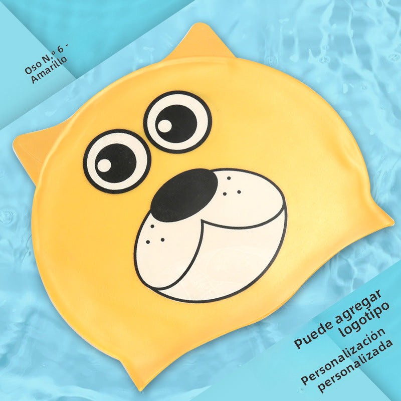Gorro de silicona infantil multicolor: resistente al agua, con orejeras, diseño de animales y pez para natación y entrenamiento