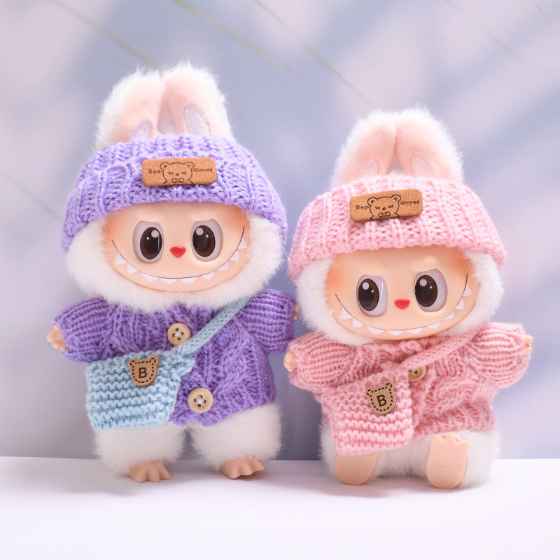 Conjunto tejido para muñeca Labubu 17 cm: suéter, gorro y bolso