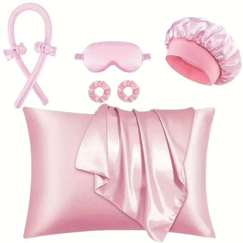 Kit De Seda Para Dormir Con Gorro, Antifaz, Funda Y Rizador De Cabello Sin Calor – Varios Colores