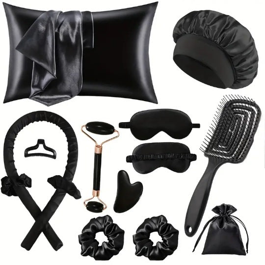 Kit De Seda Para Dormir Con Gorro, Antifaz, Funda Y Rizador De Cabello Sin Calor – Varios Colores