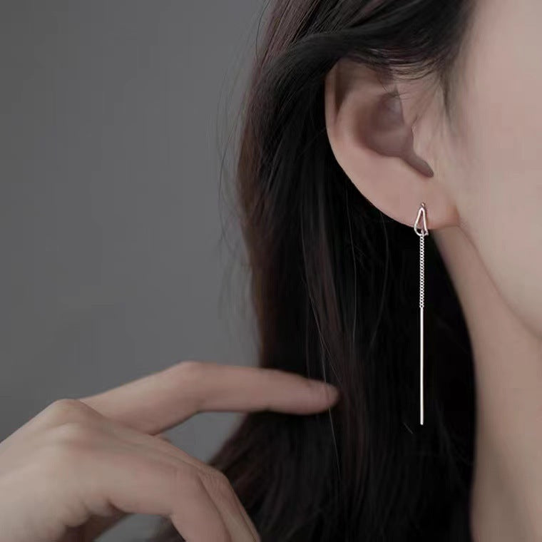 Aretes Enhebrador Largos de Plata Pura S999 con Gota de Agua y Cadena Colgante