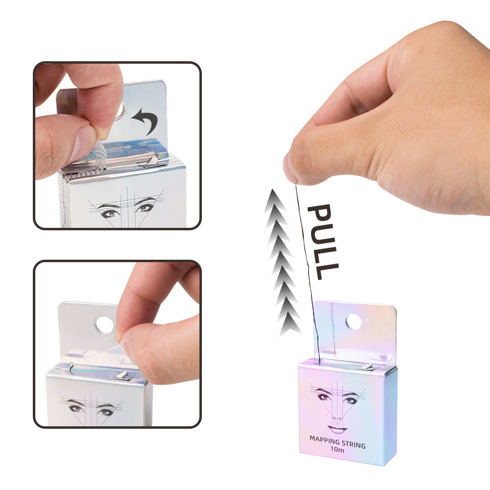 Instrucciones de uso del Trazador de Cejas con Mapas y Linterna mostrando cómo extraer el hilo para delineado facial profesional.