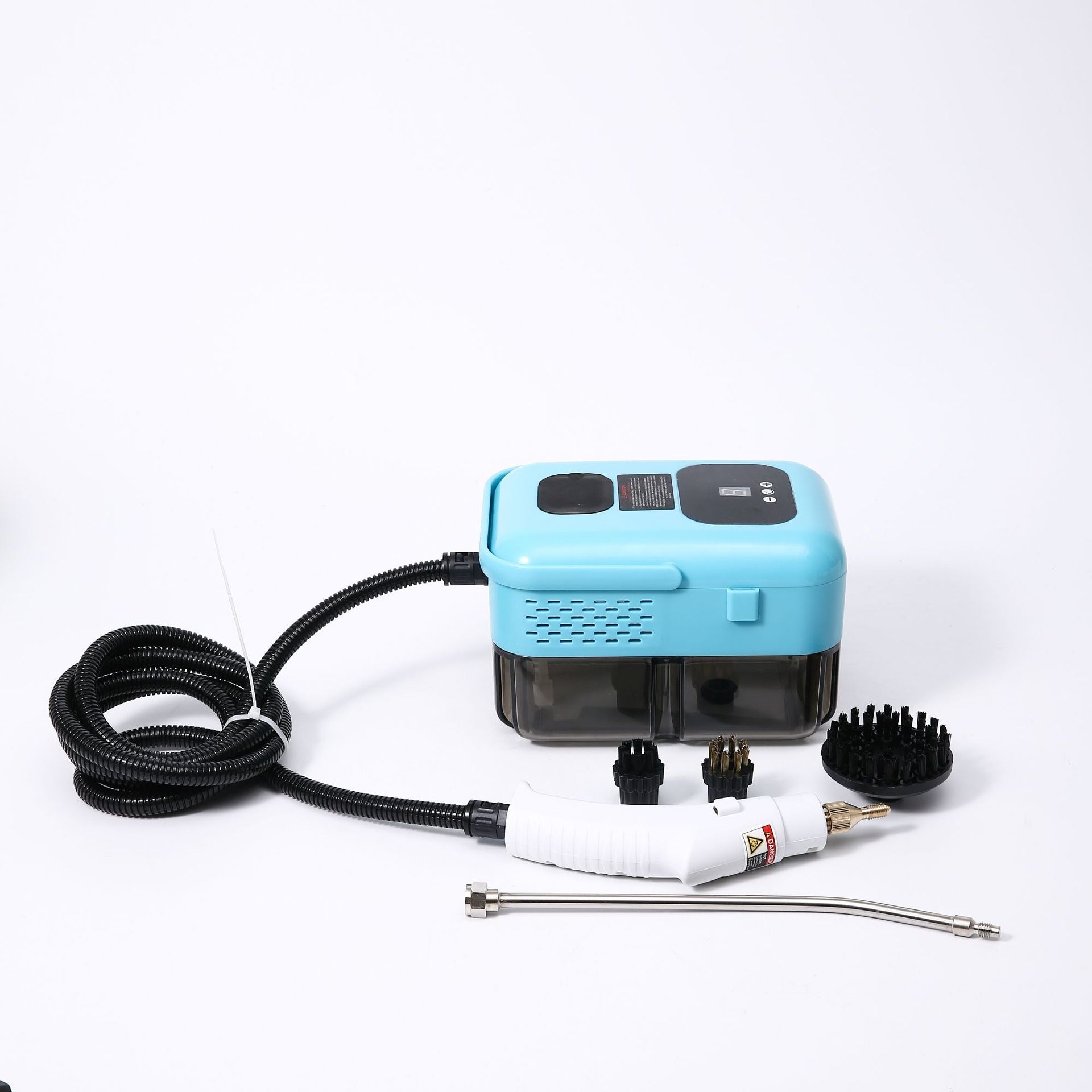 Limpiador de Vapor Portátil azul con boquilla y cepillos. Alta temperatura para desinfectar eficazmente cualquier rincón del hogar.