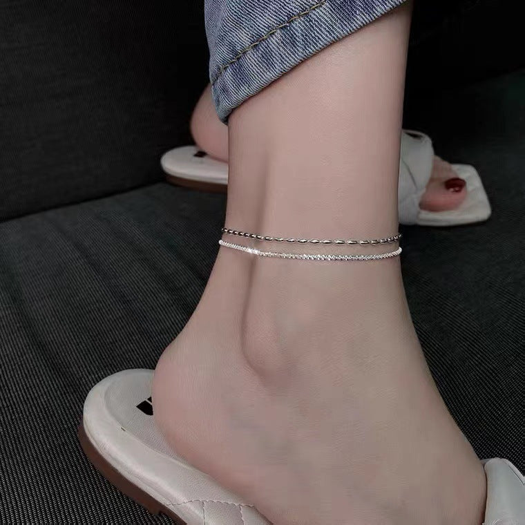 Pulsera de Tobillo en Plata 925 – Doble Capa con Perlas Metálicas y Brillantes