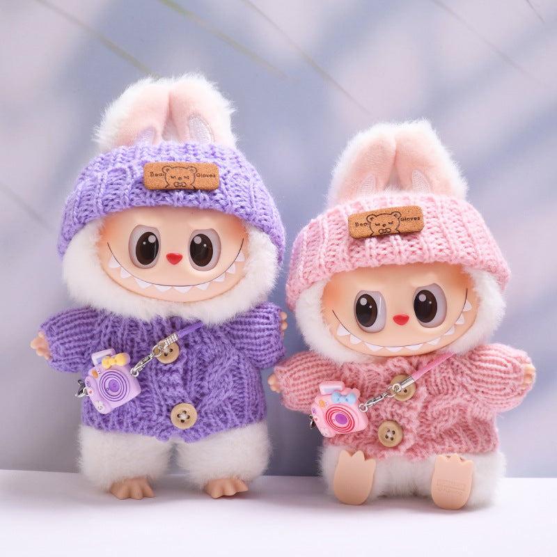 Conjunto tejido para muñeca Labubu 17 cm: suéter, gorro y bolso
