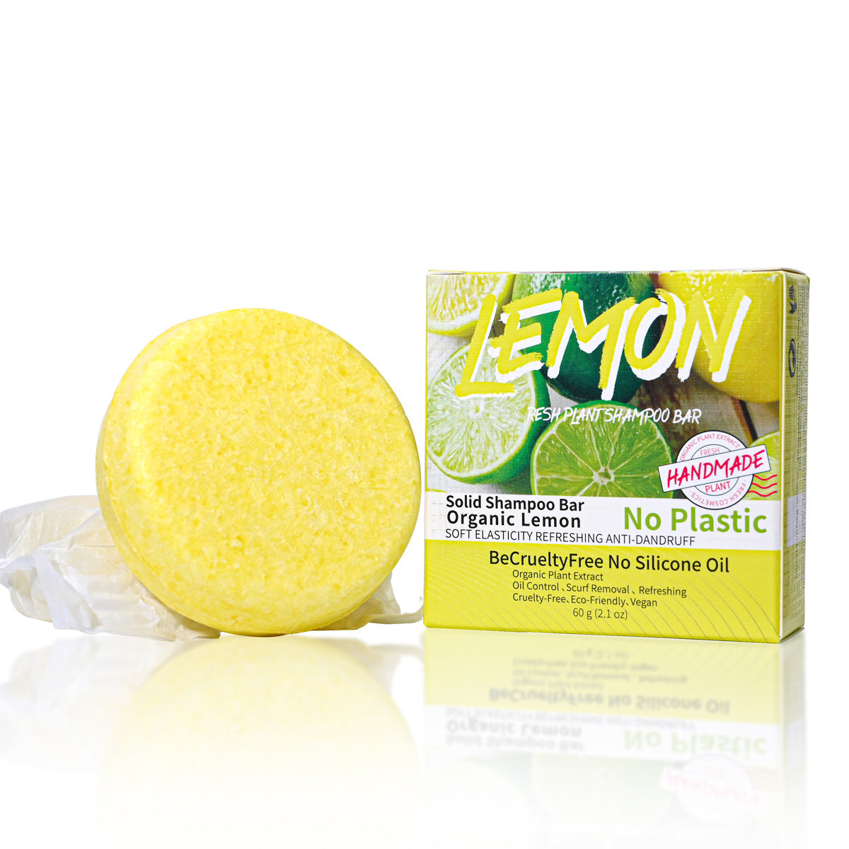 Jabón sólido de limón orgánico para cabello, anticaspa y refrescante, sin plástico ni ingredientes dañinos, ideal para uso diario.