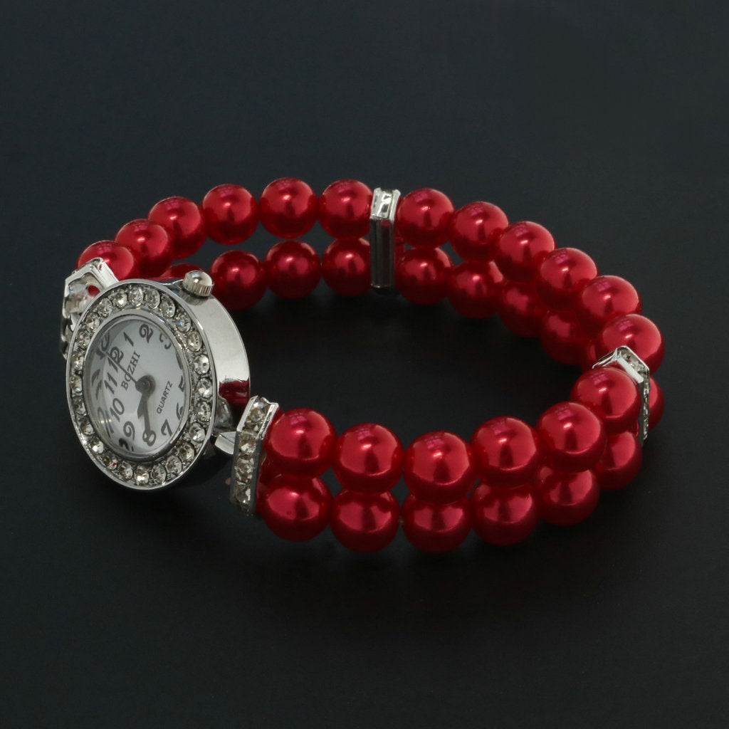 Reloj Femenino de Cuarzo con Pulsera Elástica de Perlas y Piedras Brillantes
