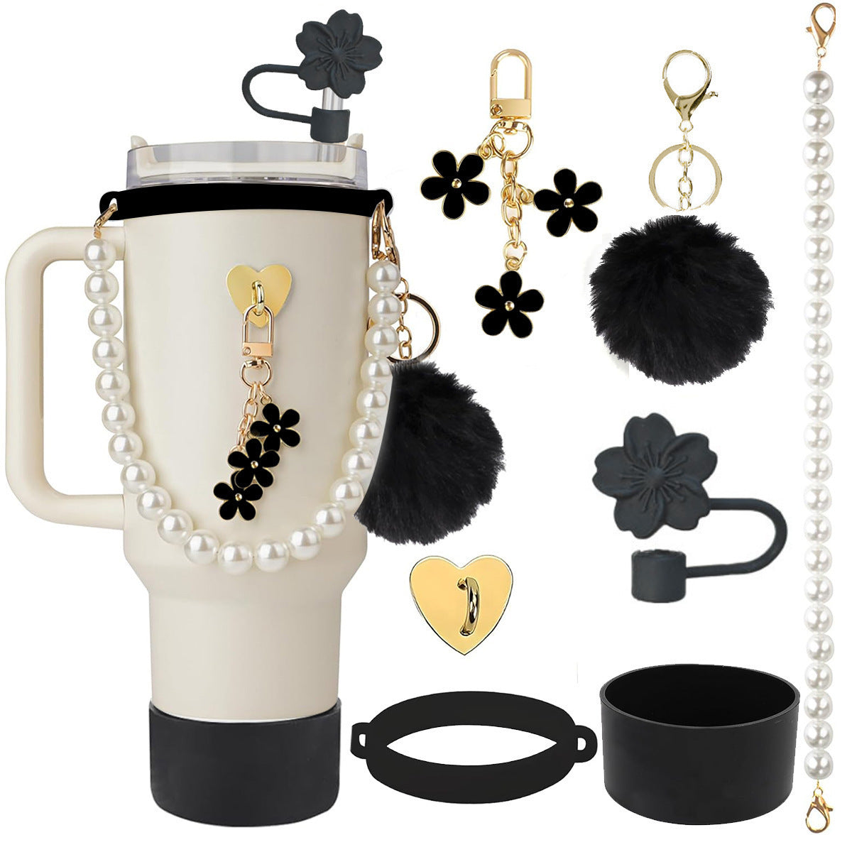 Set de Correa de Mano con Perlas y Accesorios Decorativos para Botella Stanley