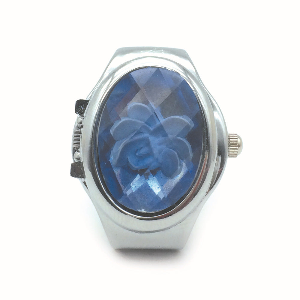 Reloj Anillo con Tapa Abatible y Cubierta Tipo Piedra en Forma de Flor