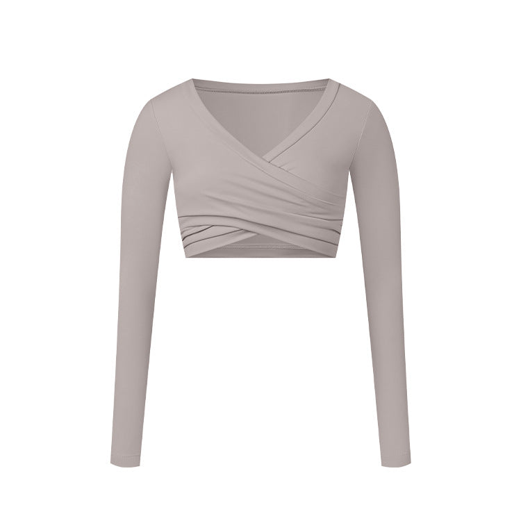 Women's Fitted Long Sleeve Athletic Top: Brushed Series with Crossover Layering and Large V-Neck Design