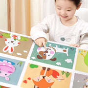kit creativo de arte  para niños, creando manualidades con pegatinas educativas de animales coloridos.