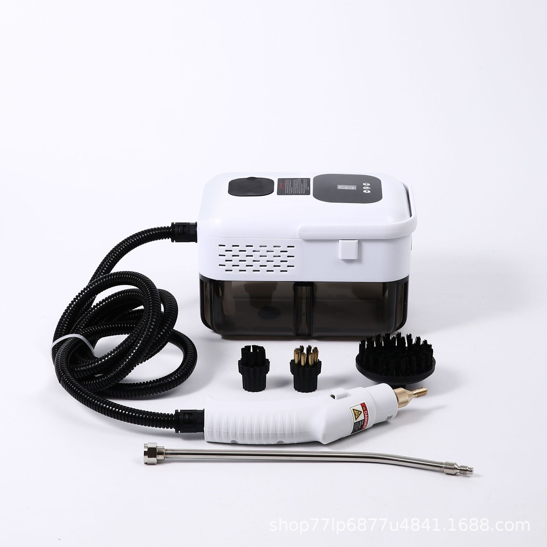 Limpiador de Vapor Portátil blanco con accesorios intercambiables. Alta temperatura para desinfectar baños y cocinas fácilmente.