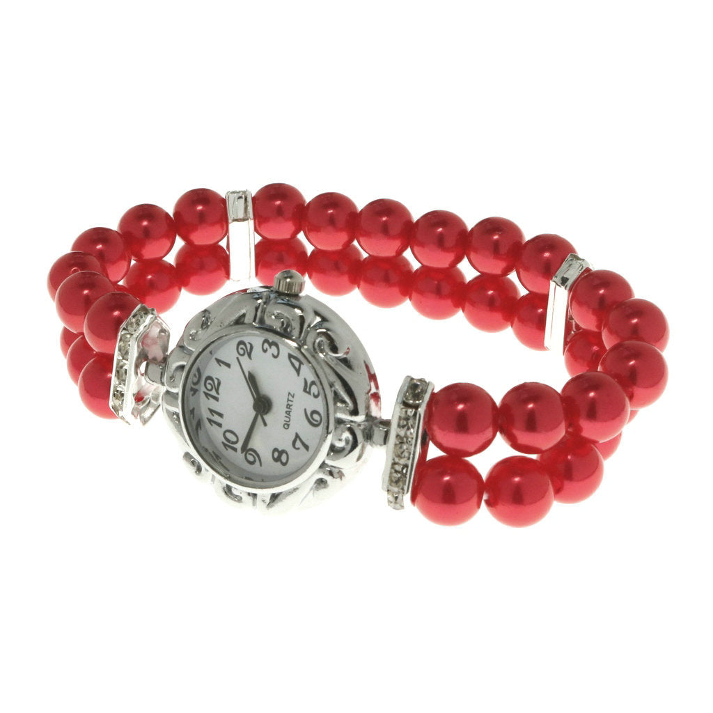 Reloj Femenino de Cuarzo con Pulsera Elástica de Perlas y Piedras Brillantes