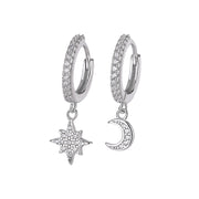 Candongas Pequeñas de Plata 925 con Dije de Luna y Estrella – Zirconias Brillantes
