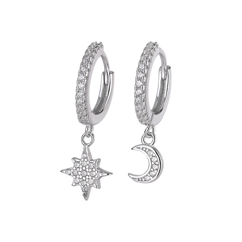 Candongas Pequeñas de Plata 925 con Dije de Luna y Estrella – Zirconias Brillantes