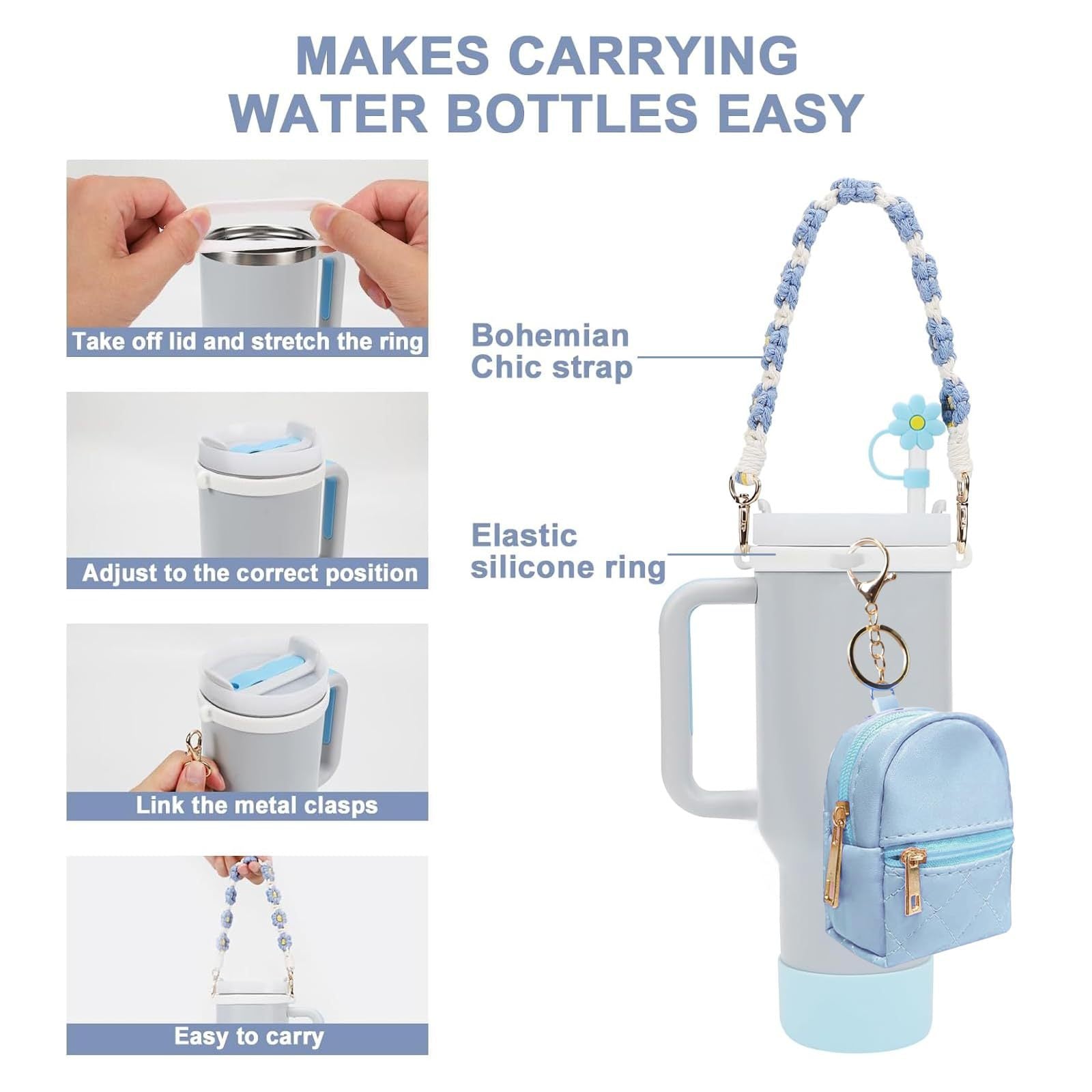 Set de Accesorios para Botella Stanley (8 Piezas) con Tapa de Pajilla, Funda de Silicona y Llavero